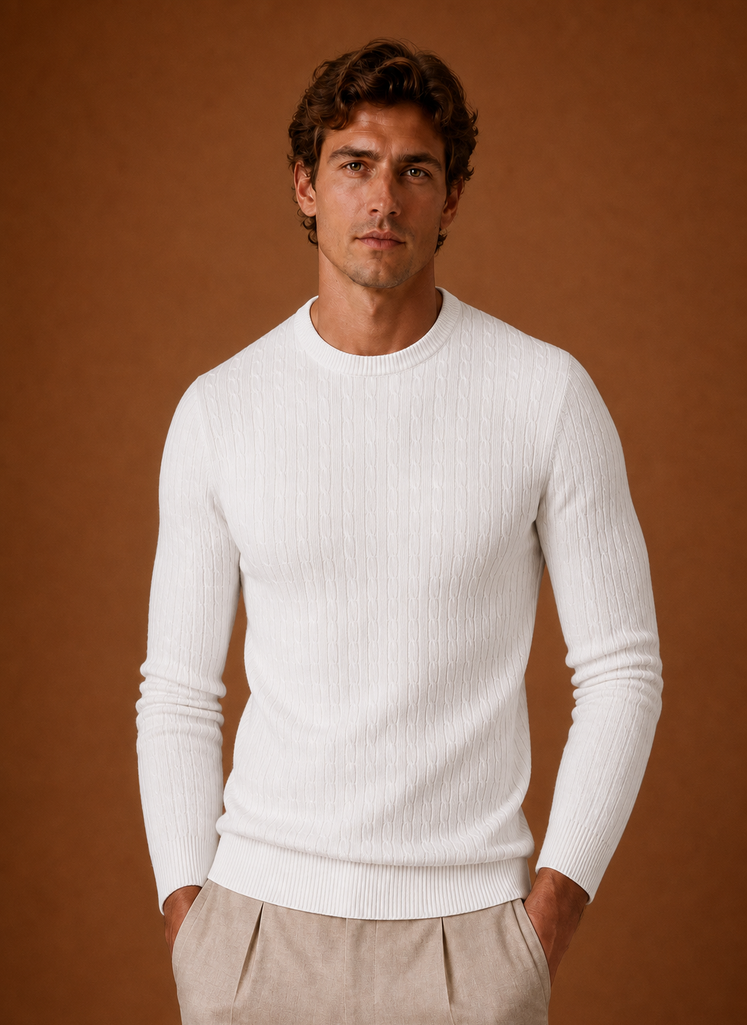 Front view of Areleon men's cable knit crew neck sweater on neutral background