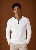 Front view of a men's Henley shirt showing button placket and neckline