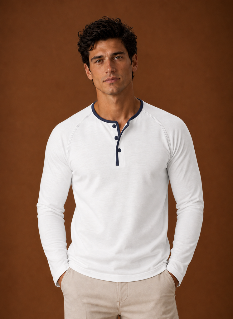 Front view of a men's Henley shirt showing button placket and neckline