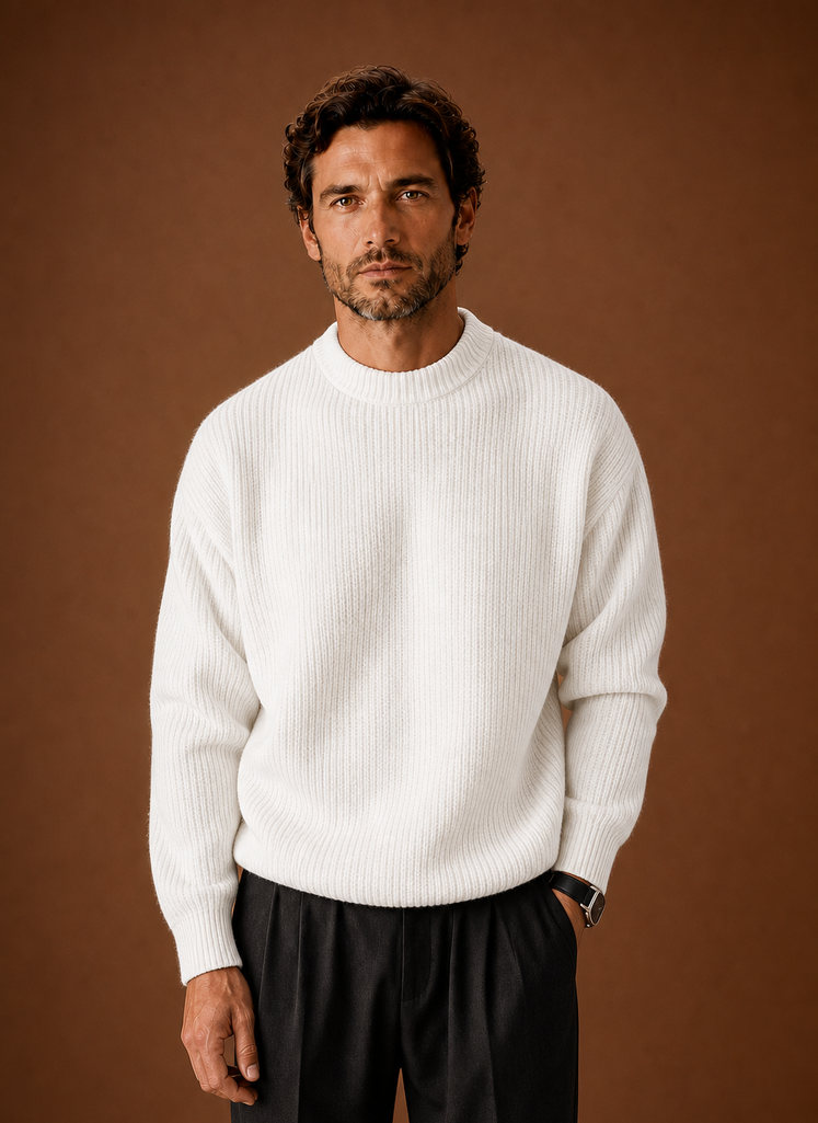 Men's Ribbed Knit Sweater - Crew Neck Pullover front view