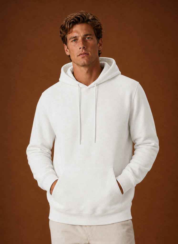 Front view of the Areleon men's hoodie on a mannequin showing the hood and full-length sleeves