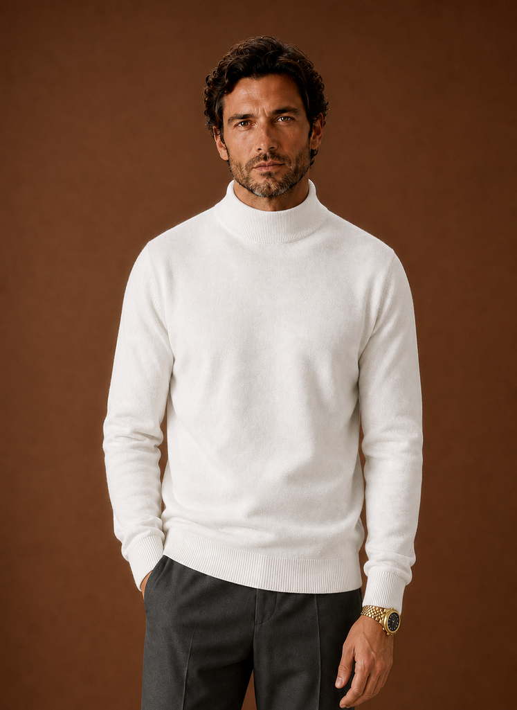 Front view of the Areleon mock neck sweater on a mannequin