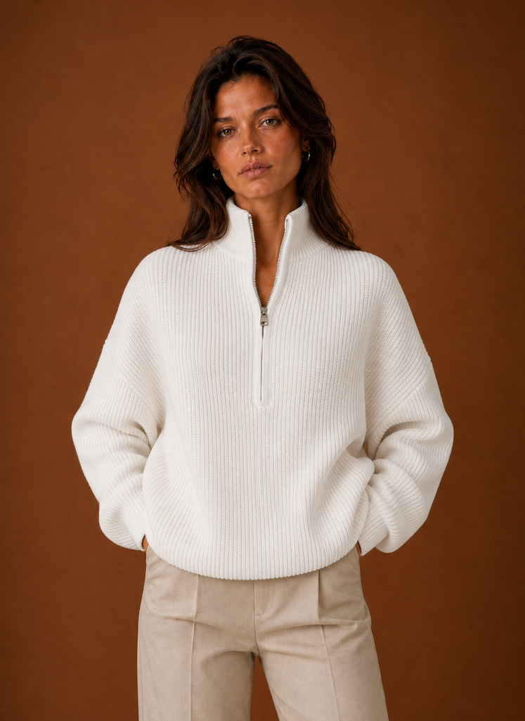 Front view of a women's quarter-zip sweater showing the zip neckline and clean silhouette