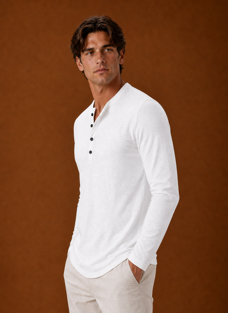 Side profile of the men's Henley shirt displaying the silhouette and sleeve shape