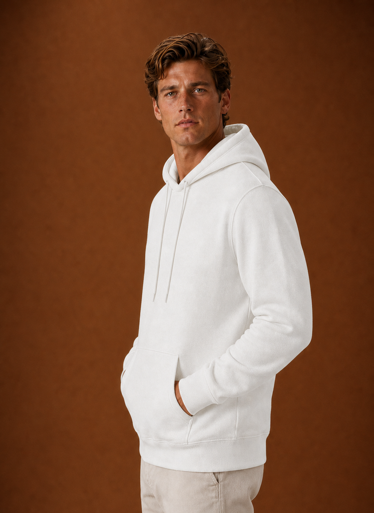 Side profile of the Areleon men's hoodie highlighting the hooded neckline and sleeve fit