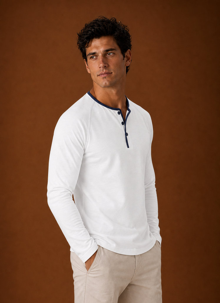 Side view of a men's Henley shirt displaying fit and sleeve line