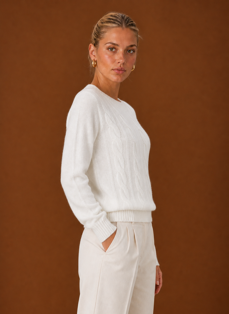 Women's Cable Knit Sweater - Crew Neck Knit Pullover side view