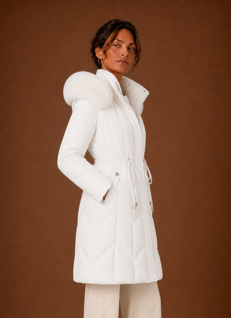 Side profile of long puffer coat showing the hood and streamlined silhouette