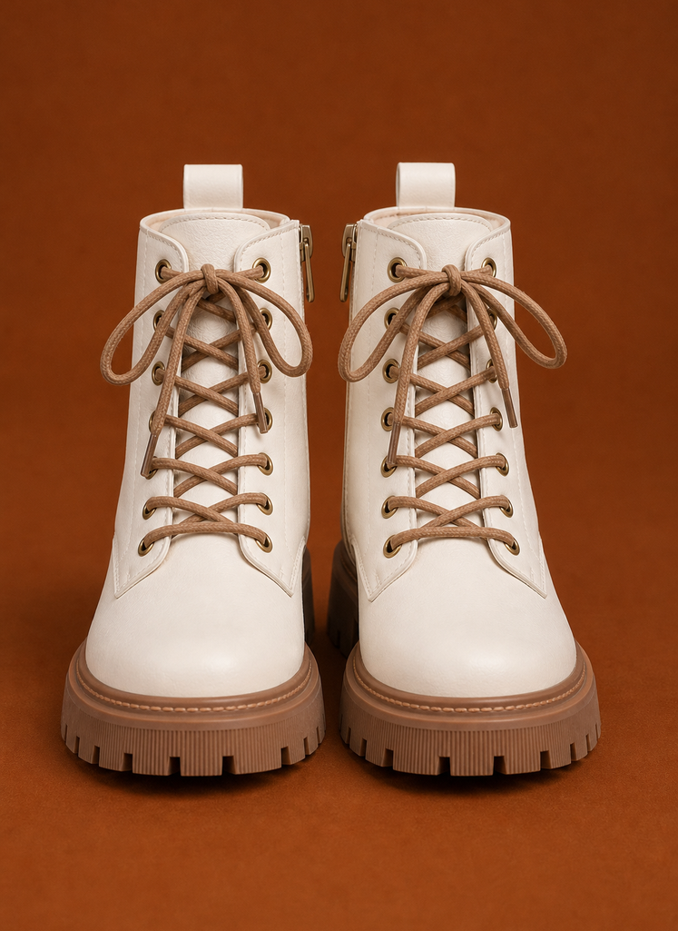 Side profile of the ankle boot showing lace-up front and thick lug sole
