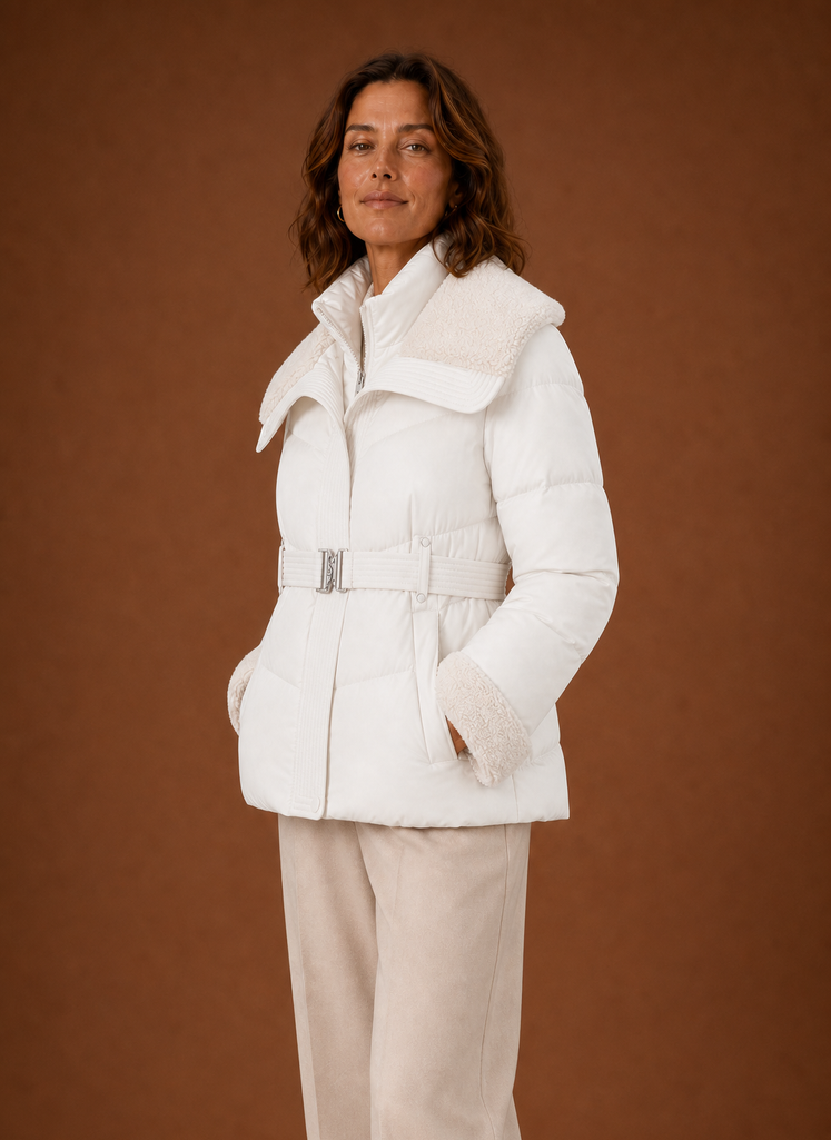 Side profile showing the belted waist and silhouette of the puffer jacket