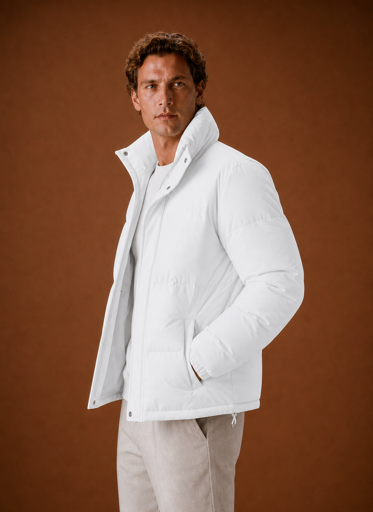 Side profile of the oversized puffer jacket highlighting the silhouette and sleeve shape