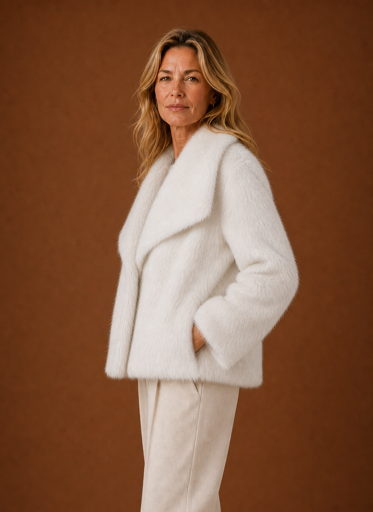 Side view of women's faux fur coat highlighting long sleeve profile