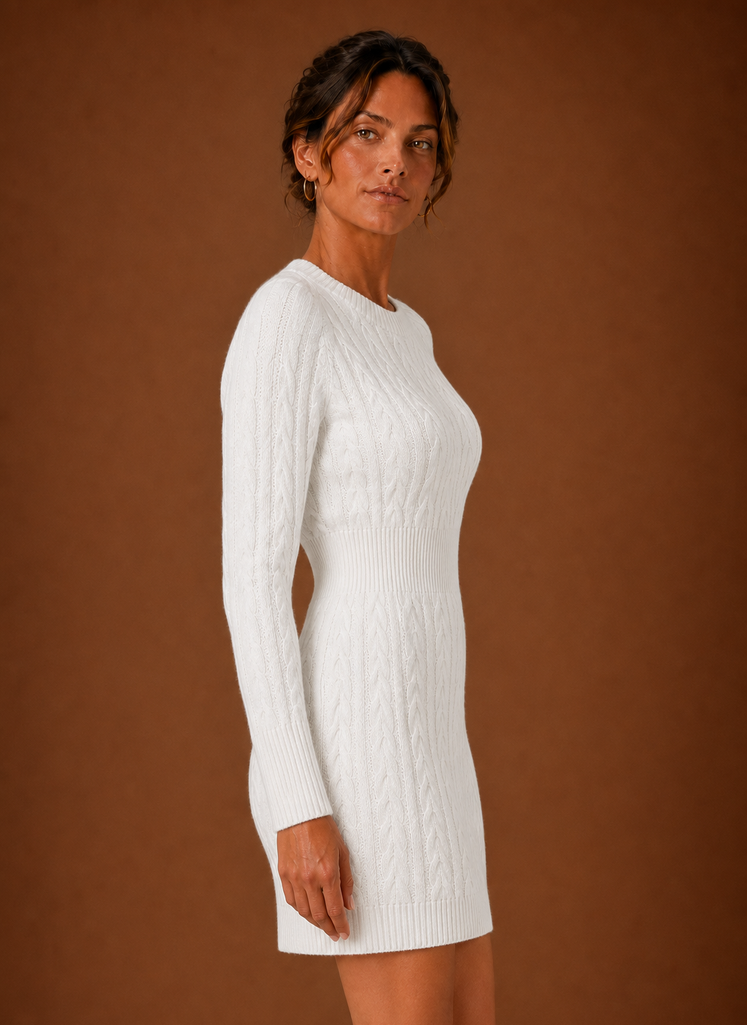 Side profile of women's cable knit sweater dress showing long sleeve and mini length