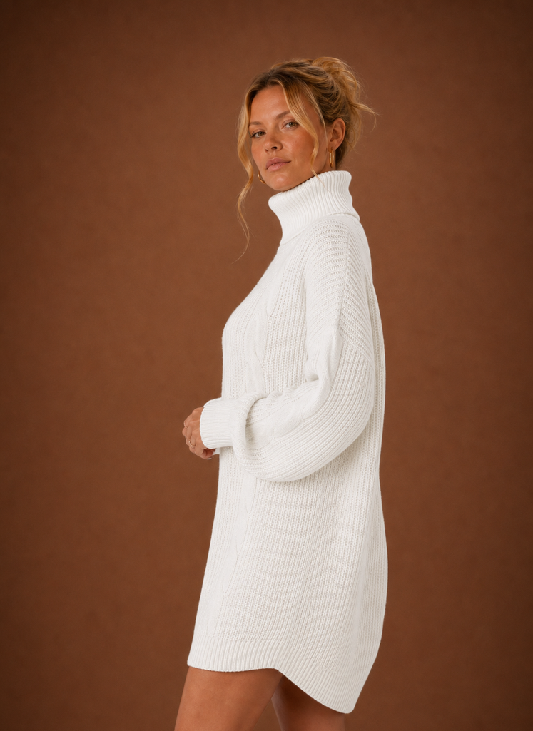 Side view of women's turtleneck sweater dress highlighting the profile and drape