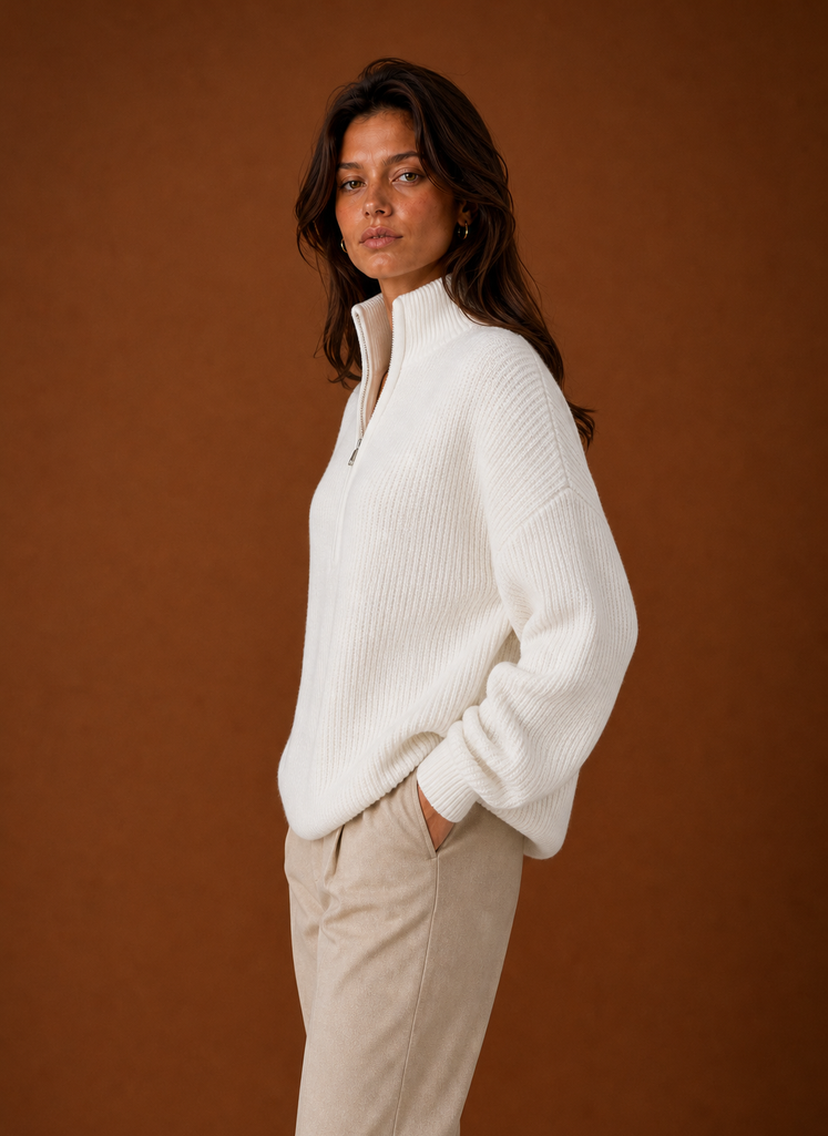 Side view of the women's quarter-zip sweater highlighting the profile and sleeve shape