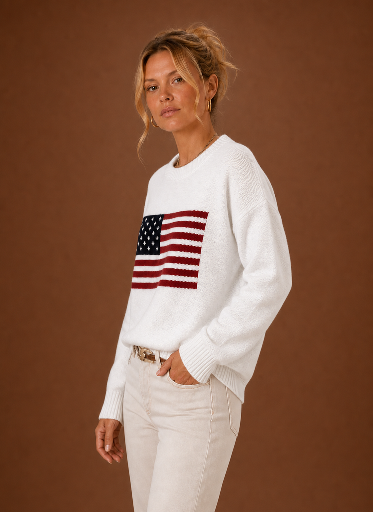 Side profile of Areleon crew neck pullover showing long sleeve silhouette
