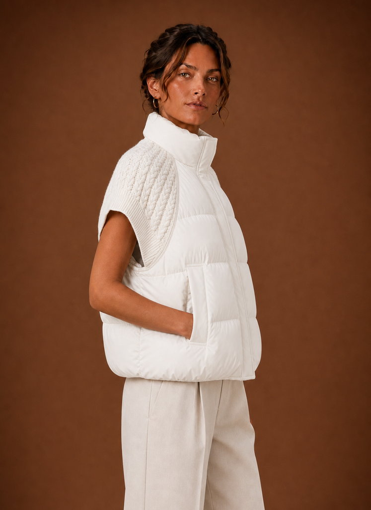 Side view of women's knit-shoulder puffer vest showing sleeveless profile