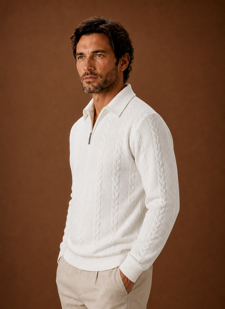 Side view of men's zip sweater showing shoulder and sleeve profile