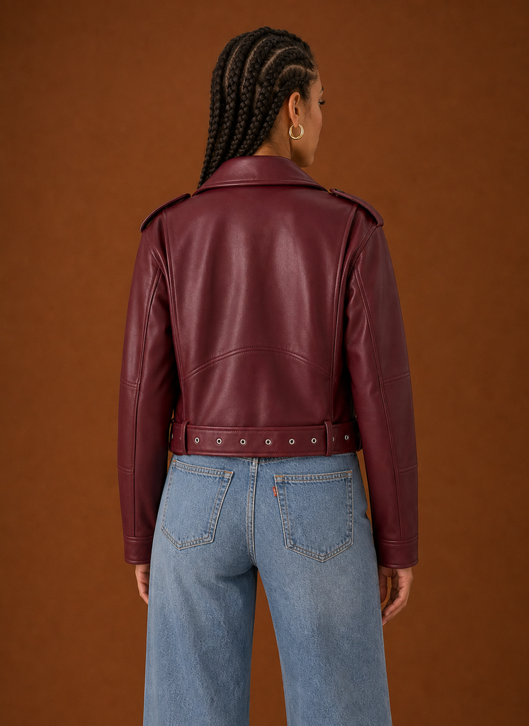 Back view of the Areleon women's moto jacket highlighting the clean lines