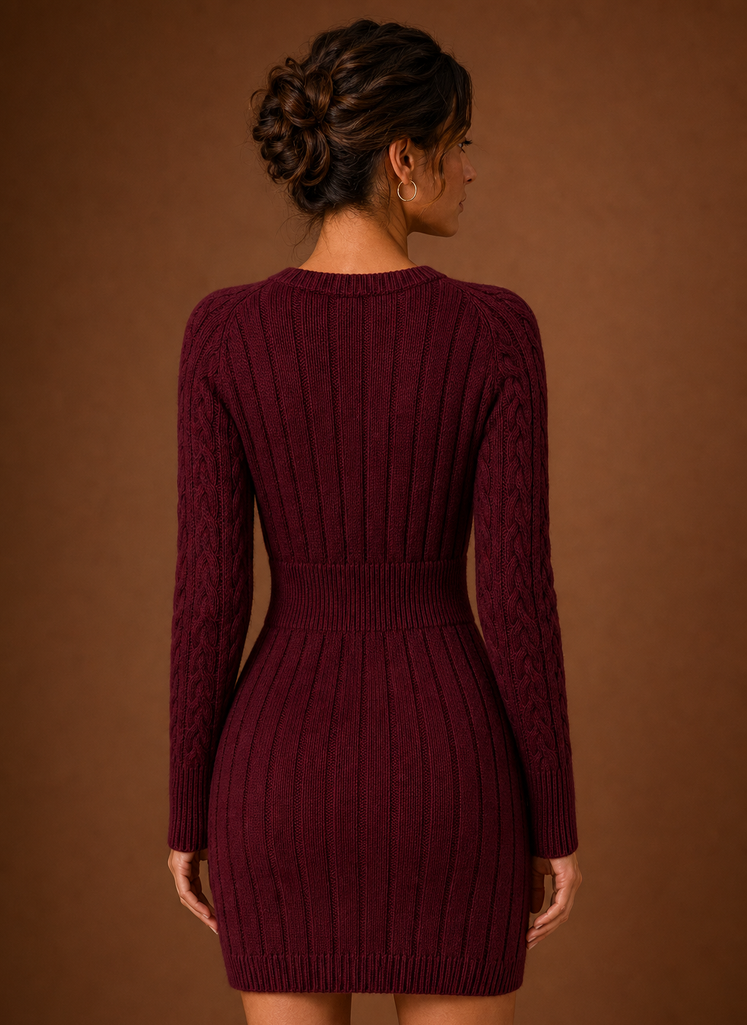 Back view of women's cable knit mini dress with long sleeves
