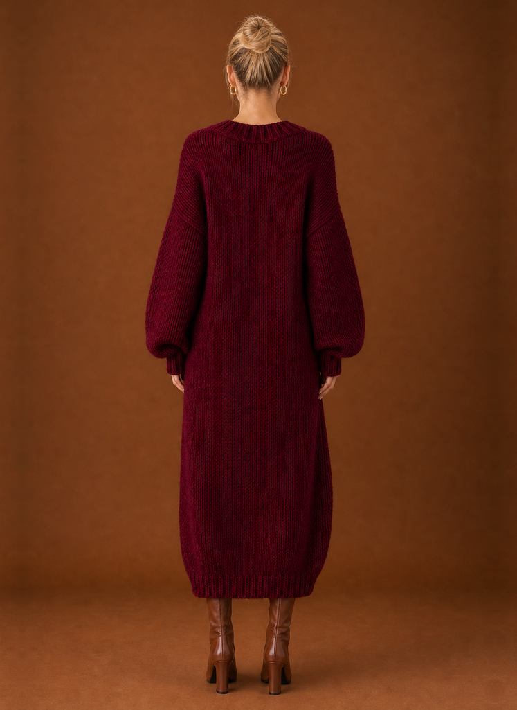 Back view of the knit maxi dress highlighting the full-length silhouette
