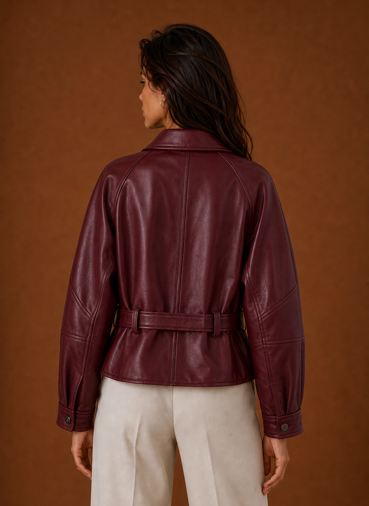 Back view of women's moto jacket showing fit and seam details