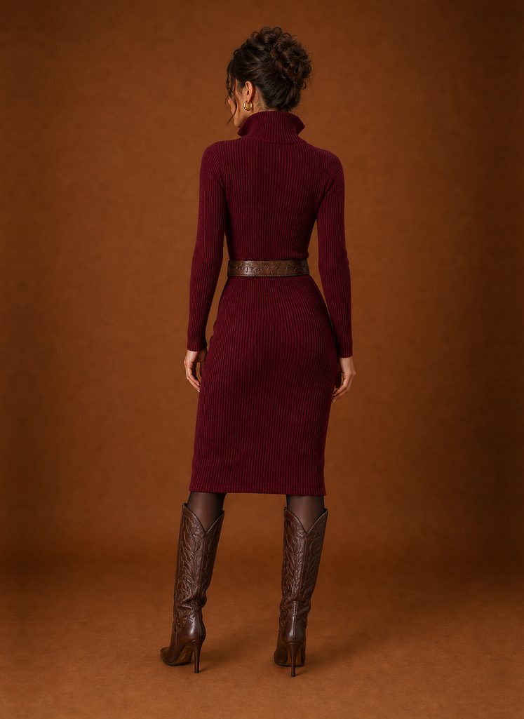 Back view of women's sweater dress showing knee-length hem