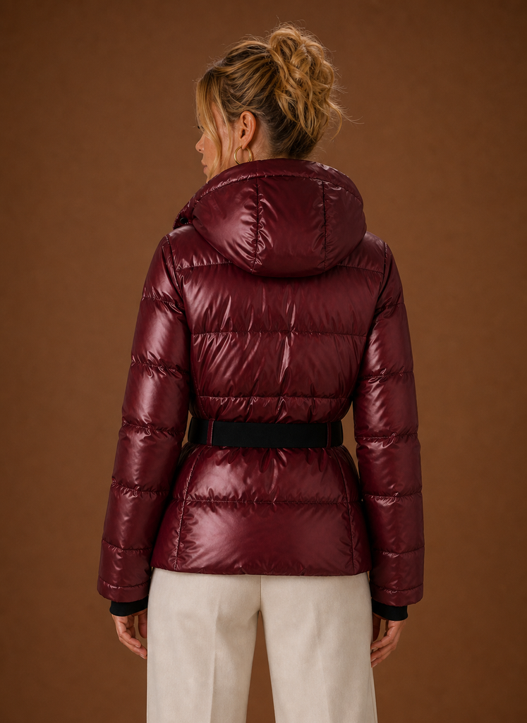 Back view of metallic puffer jacket displaying quilted construction and hood