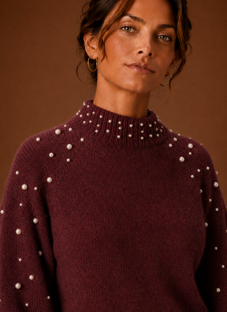 Close-up of pearl embellishment detailing on the knit pullover