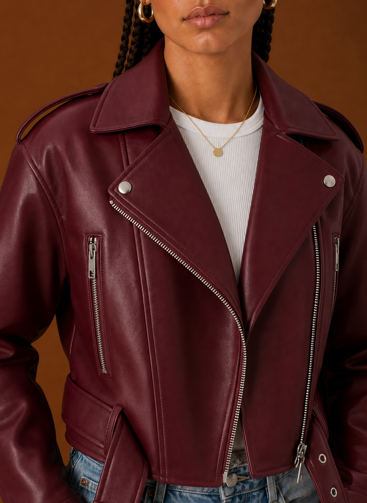 Close-up detail of the Areleon women's moto jacket showing refined stitching and finish