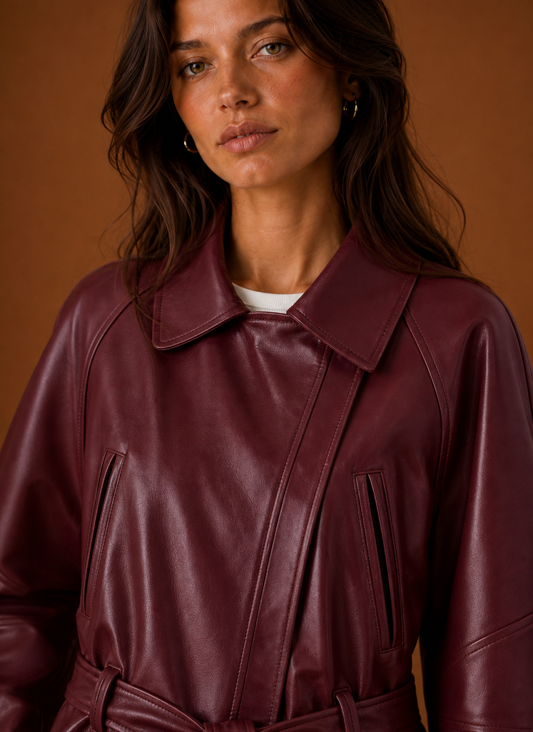 Close-up of jacket hardware and seam detailing at the collar