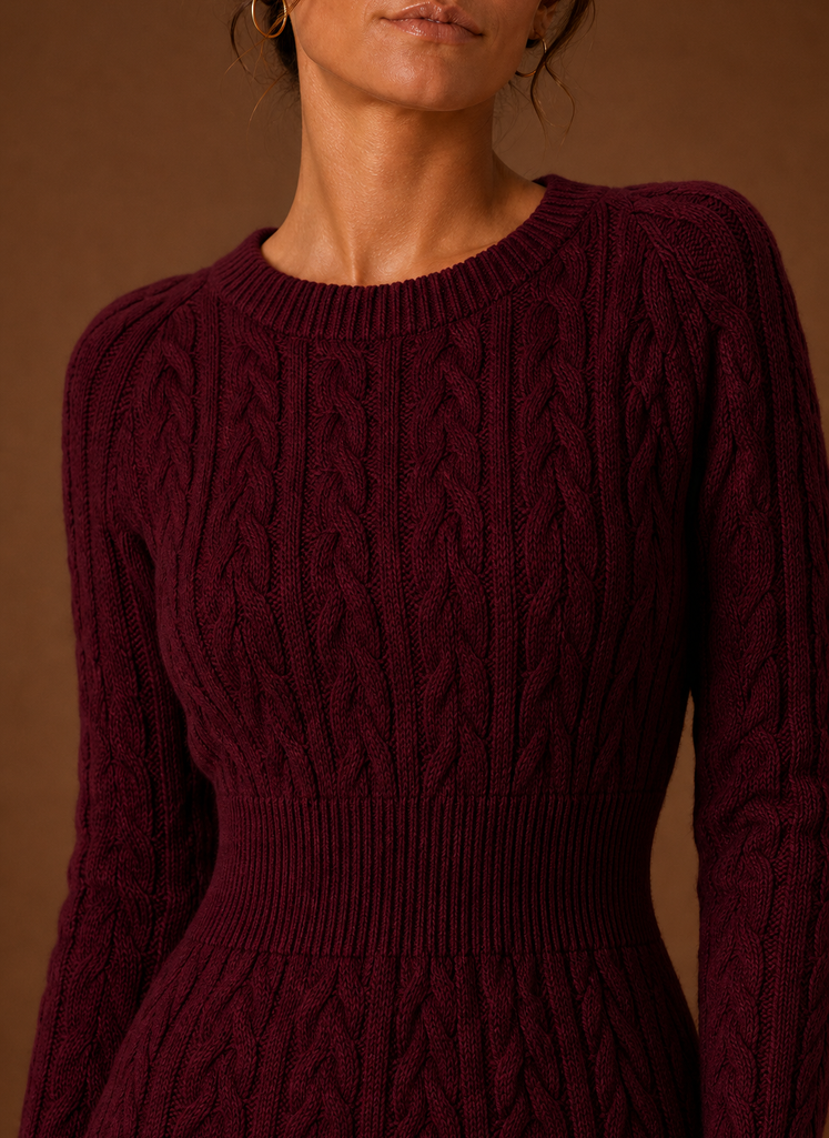 Close-up of cable knit texture and stitch detail on the sweater dress