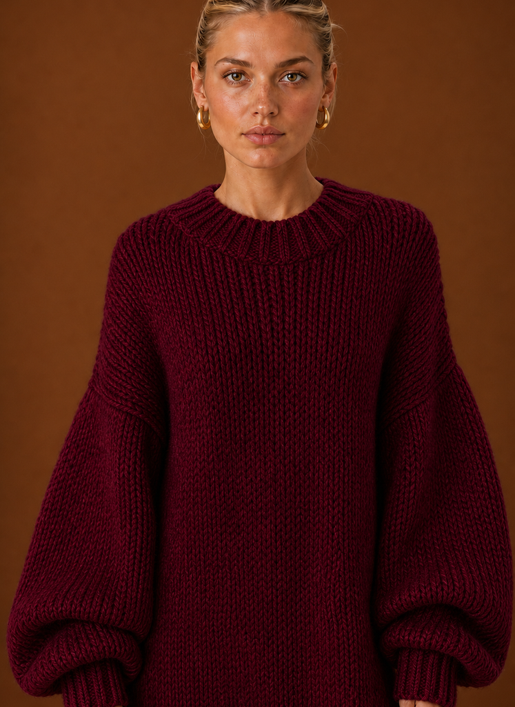 Close-up of the knit texture and stitch detail on the maxi dress
