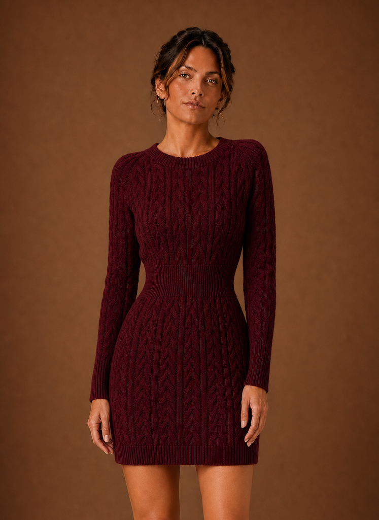 Front view of women's cable knit long-sleeve mini sweater dress on plain background