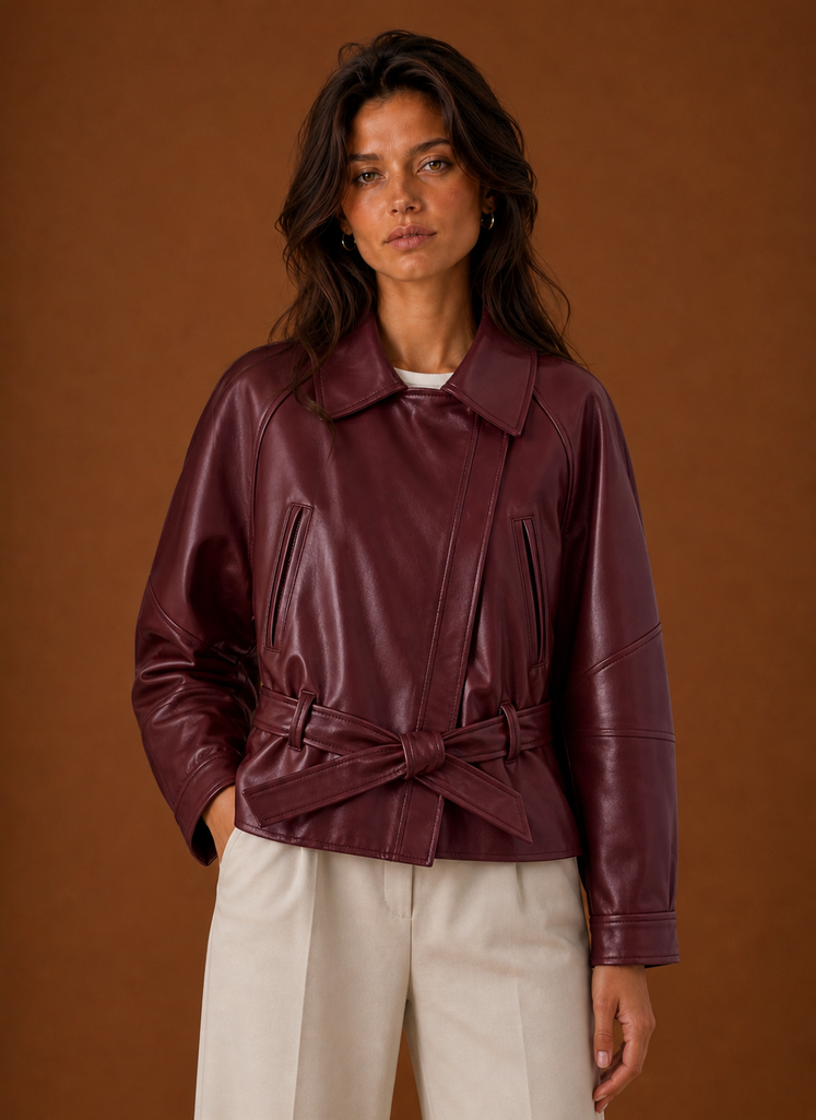 Front view of women's moto jacket on a mannequin showing zip-front and collar