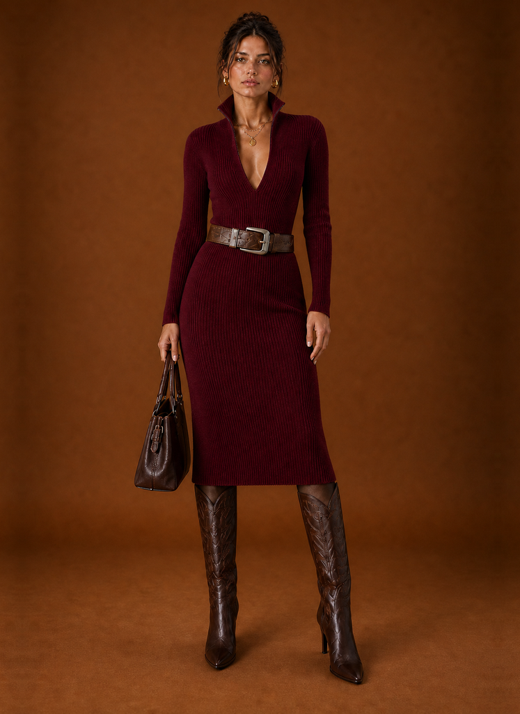 Front view of women's knee-length sweater dress on a mannequin