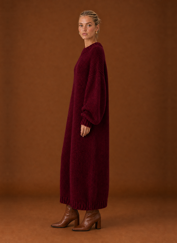 Side profile of the oversized knit maxi dress displaying relaxed fit and drape