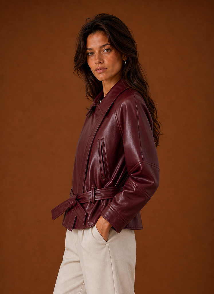 Side view of women's moto jacket displaying silhouette and sleeve length