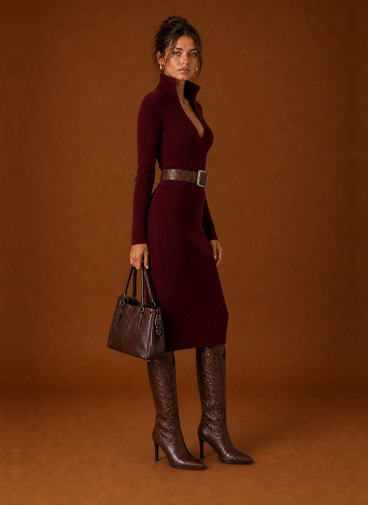 Side view of women's sweater dress showing silhouette and long sleeves