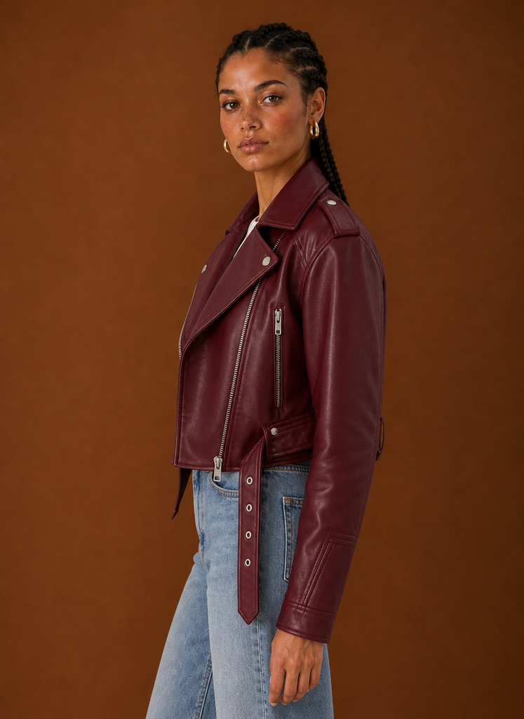 Side profile of the Areleon women's moto jacket showing the streamlined silhouette