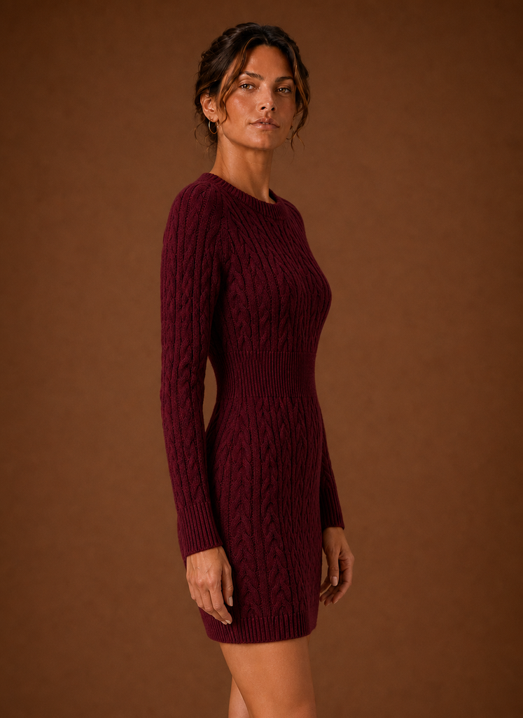 Side profile of women's cable knit sweater dress showing long sleeve and mini length