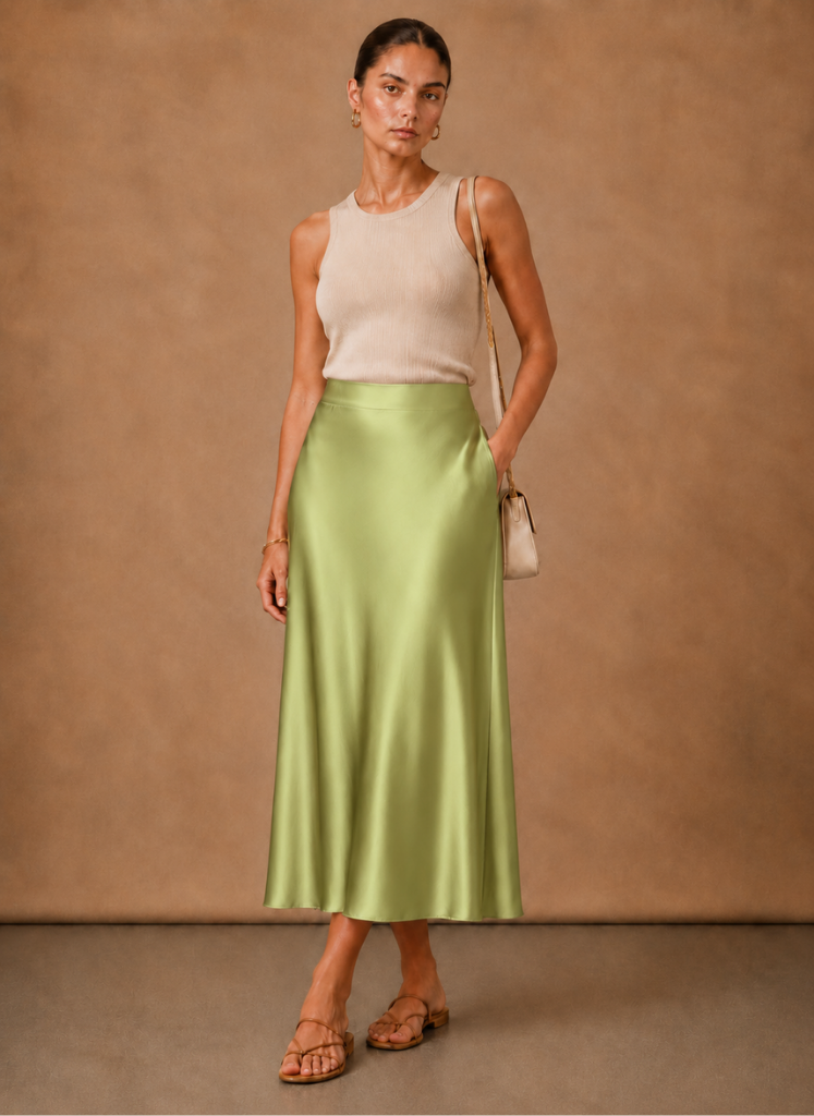 Women's Satin Midi Skirt – Elegant A-Line Flowing | Areleon