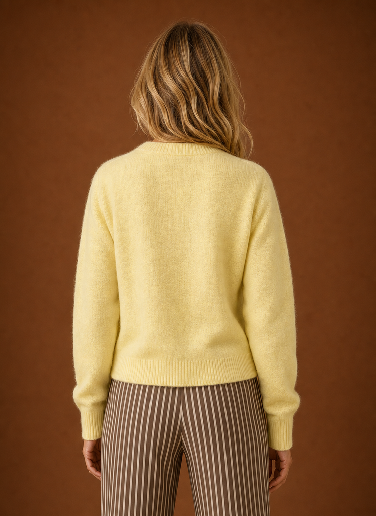 Back view of the women's crew neck cardigan showing the overall fit