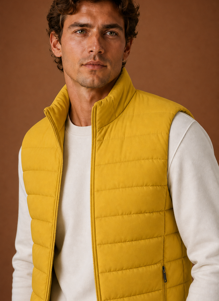 Close-up of the quilted stitching and texture on the men's lightweight puffer vest