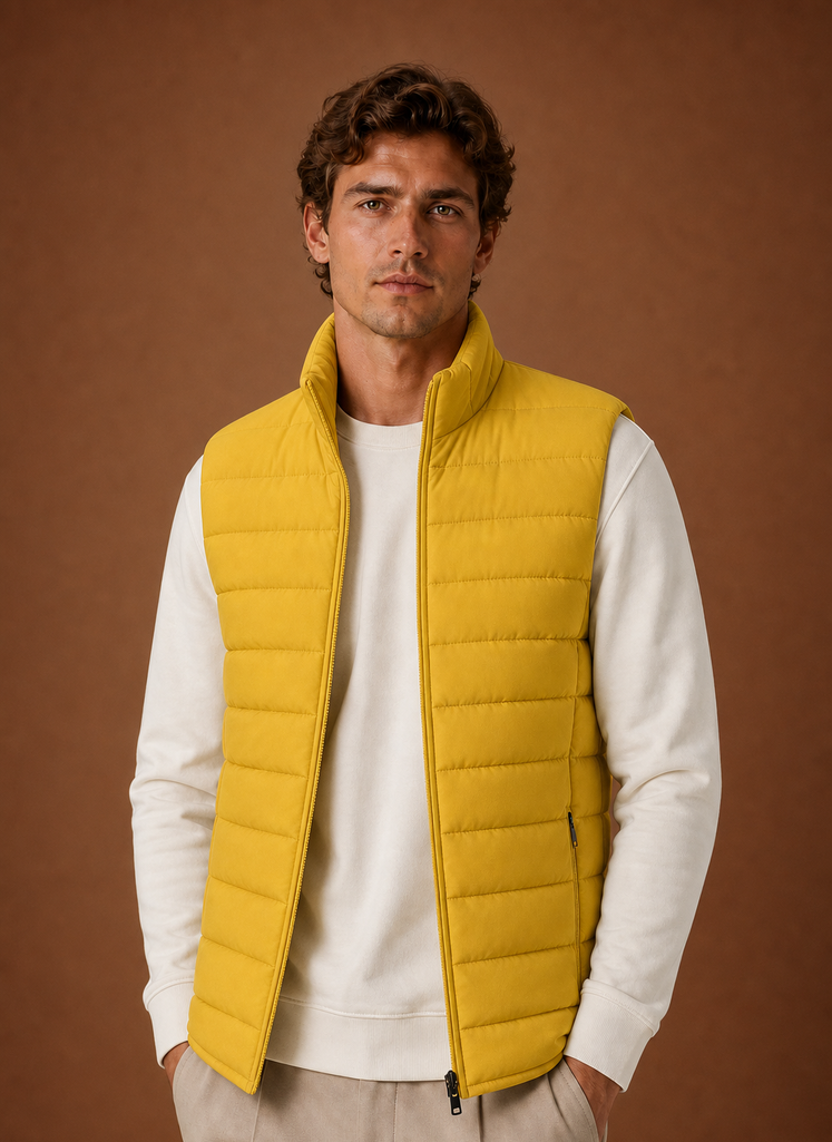 Front view of men's lightweight quilted puffer vest on neutral background