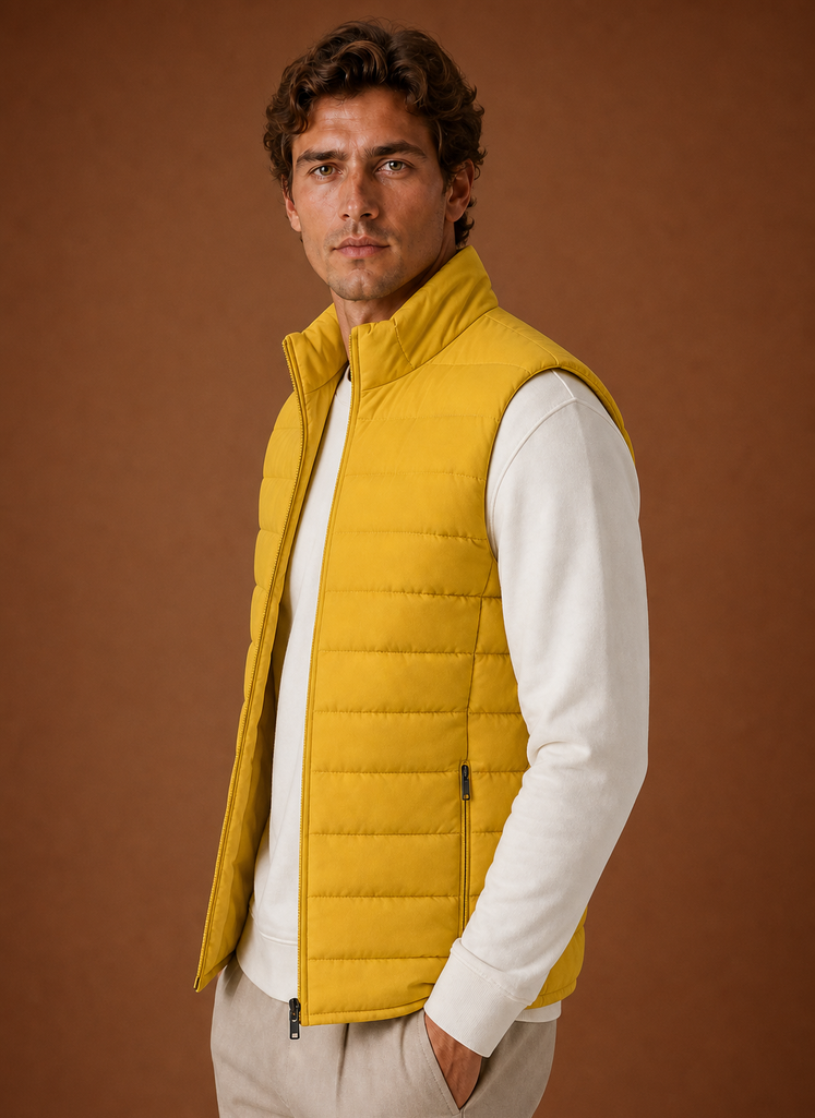 Side profile of men's sleeveless quilted gilet showing a streamlined silhouette